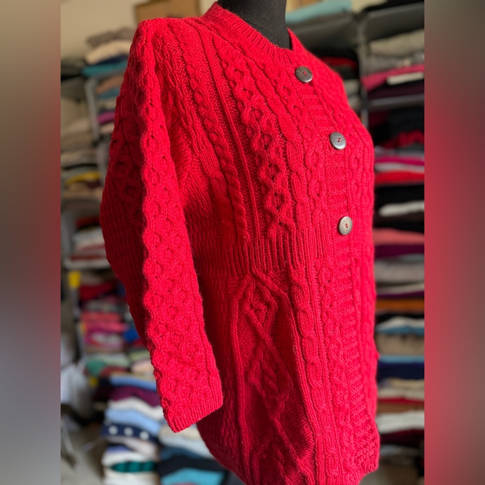 Women’s Red Cable wool Button Cardigan Sweater